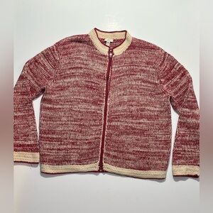 J Jill Red Cream Crochet Knit Full Zip Cotton Sweater Cardigan, Medium Petite